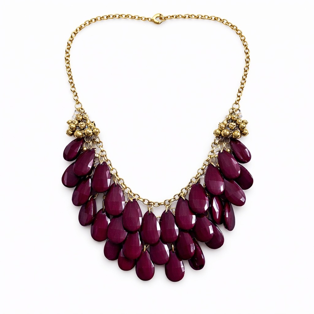 Boho Romantic Statement Necklace | Burgundy Teardrop Bib | Gold Tone